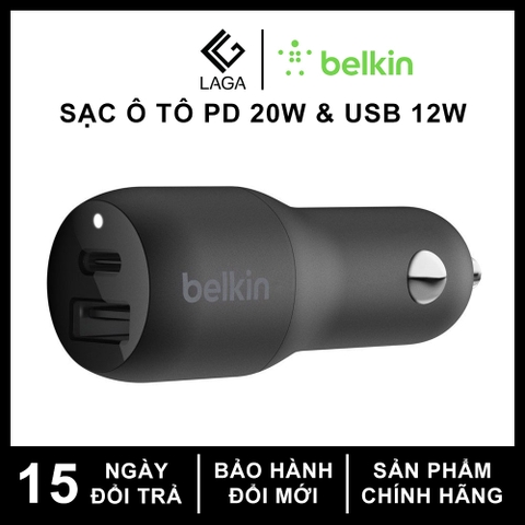 Sạc Ô Tô Belkin BOOST↑CHARGE™ 32W, USB-C Power Delivery PD 20W, USB-A 12W - CCB003btBK