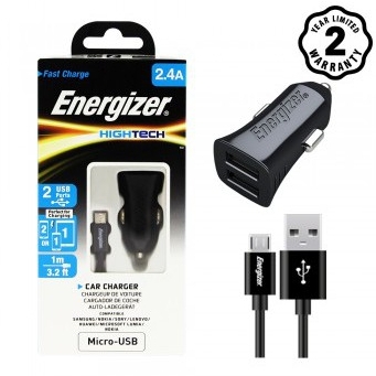 Sạc Ô tô Energizer 2 Cổng 2.4A Kèm Cáp Micro-USB - DCA2BHMC3