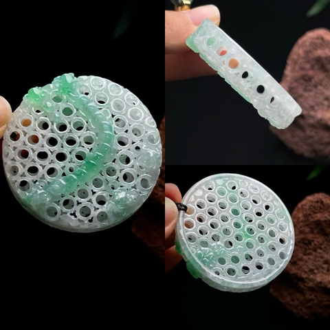NT1414 Mặt dây chạm lộng PHÚC KHÍ SINH TÀI ngọc phỉ thúy tự nhiên (JADEITE A)