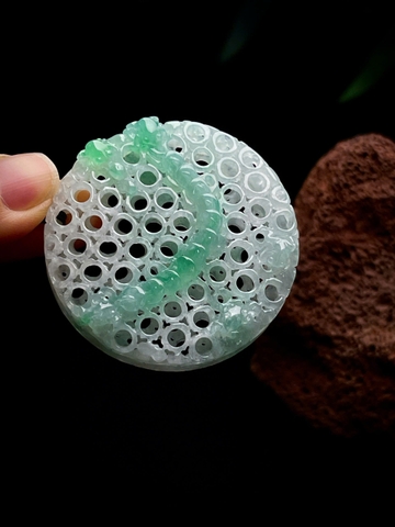 NT1414 Mặt dây chạm lộng PHÚC KHÍ SINH TÀI ngọc phỉ thúy tự nhiên (JADEITE A)