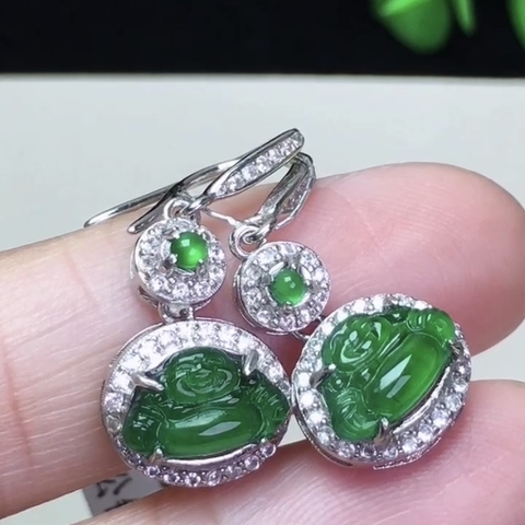 Khuyên tai Di lặc xanh lên bạc 925 ngọc phỉ thúy (Jadeite A) -NT626