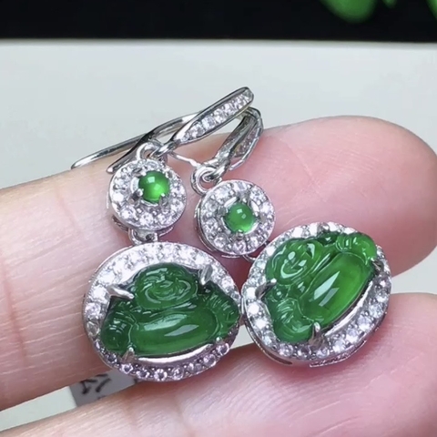 Khuyên tai Di lặc xanh lên bạc 925 ngọc phỉ thúy (Jadeite A) -NT626