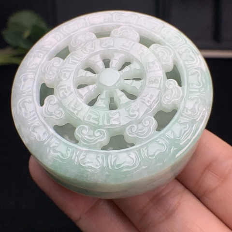Lư đốt trầm hương bánh xe pháp luân ngọc phỉ thúy tự nhiên (Jadeite A) -NT631