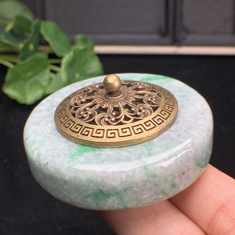 Lư đốt trầm hương nắp đồng ngọc phỉ thúy (Jadeite A) -NT632