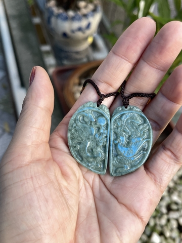 Mặt dây ngọc bội long phụng xanh Ngọc phỉ thúy tự nhiên loại A -NT886