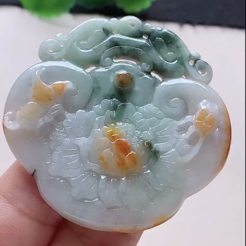 Mặt khánh chạm Hoa khai phú quý Ngọc phỉ thuý tự nhiên Jadeite loại A -NT983