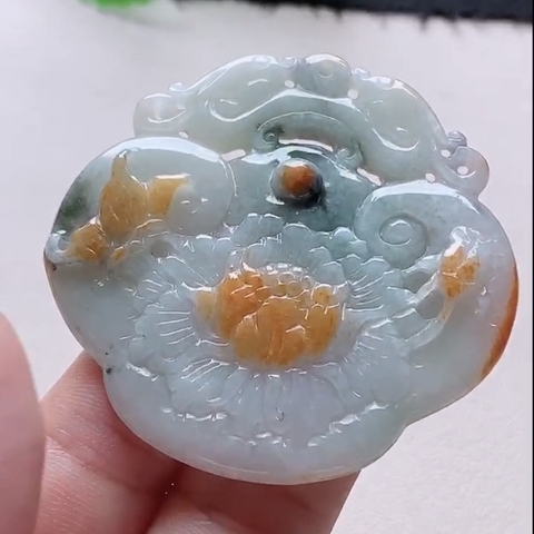 Mặt khánh chạm hoa khai phú quý Ngọc phỉ thuý tự nhiên Jadeite loại A -NT982