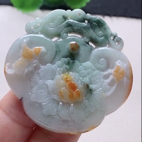 Mặt khánh chạm Hoa khai phú quý Ngọc phỉ thuý tự nhiên Jadeite loại A -NT983
