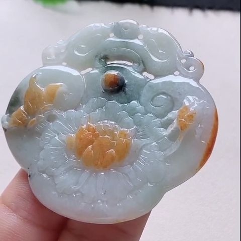 Mặt khánh chạm hoa khai phú quý Ngọc phỉ thuý tự nhiên Jadeite loại A -NT982