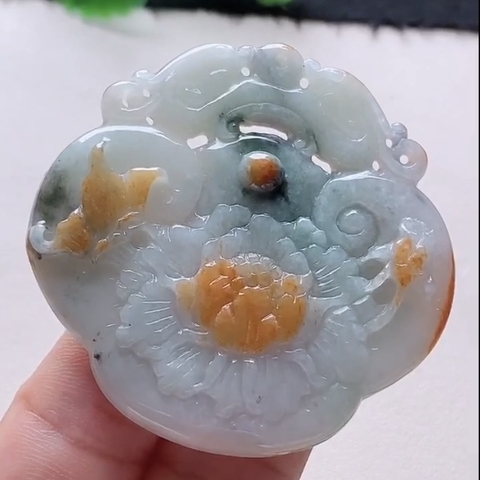 Mặt khánh chạm hoa khai phú quý Ngọc phỉ thuý tự nhiên Jadeite loại A -NT982