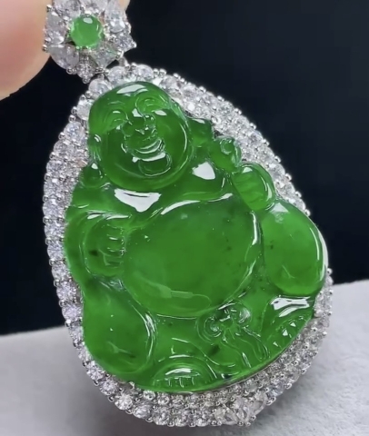 Mặt Di lặc băng xanh khảm bạc 925 Ngọc phỉ thuý tự nhiên Jadeite loại A -NT993