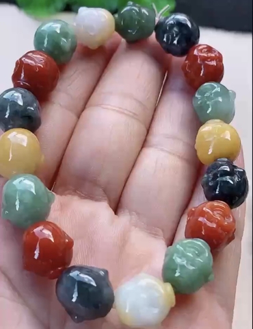 Vòng hạt chạm Di lặc đa sắc Ngọc phỉ thuý tự nhiên Jadeite loại A -NT994