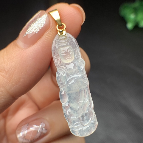 Mặt Quán Âm băng chủng lên vàng 18k Ngọc phỉ thuý tự nhiên Jadeite loại A -NT1036