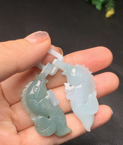 NT1033-845 Ngọc bội song ngư chạm lộng Ngọc phỉ thuý tự nhiên Jadeite loại A -