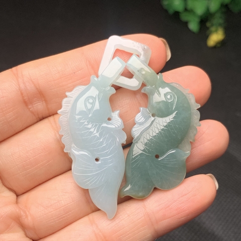 NT1033-845 Ngọc bội song ngư chạm lộng Ngọc phỉ thuý tự nhiên Jadeite loại A -