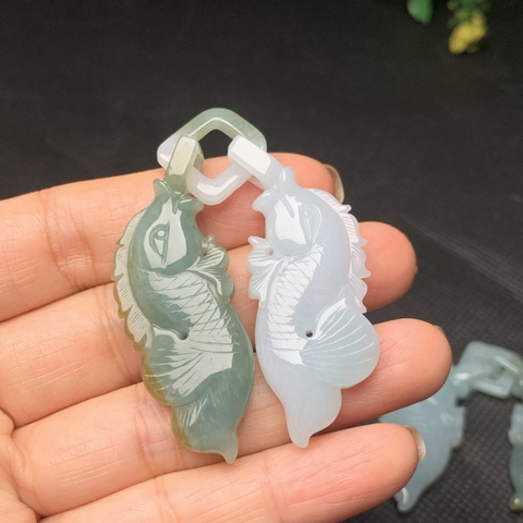 NT1033-845 Ngọc bội song ngư chạm lộng Ngọc phỉ thuý tự nhiên Jadeite loại A -