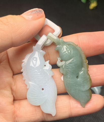 NT1033-845 Ngọc bội song ngư chạm lộng Ngọc phỉ thuý tự nhiên Jadeite loại A -