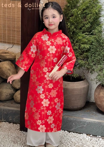 Áo dài gấm bé gái - màu đỏ - TDS2513