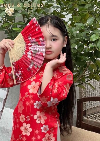 Áo dài gấm bé gái - màu đỏ - TDS2513