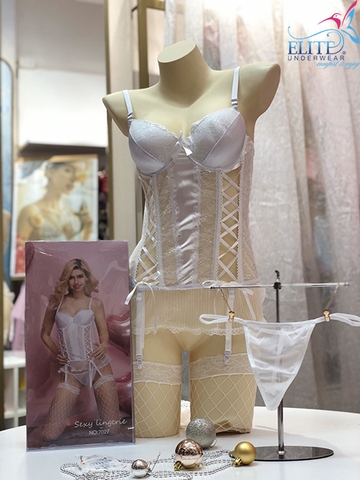 Bộ Đồ Lót Sexy Trắng Có Tất