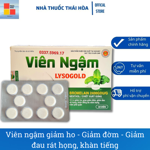 Viên Ngậm Đau Họng LYSOGOLD - Hổ Trợ Giảm Viêm Họng - Giảm Ho - Tan Đờm - Khàn Tiếng - Hộp 30 Viên