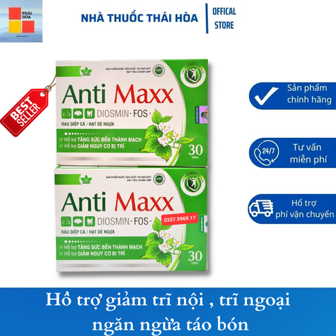 Anti Maxx - Viên uống hổ trợ trĩ nội, trĩ ngoại - Tăng cường chất xơ - Ngăn ngừa táo bón - Hộp 30 viên