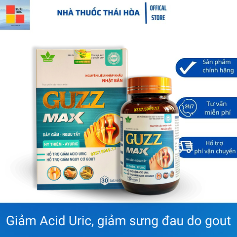 Guzz Max - Giảm đau do Gout, giảm Acid Uric trong máu - Giảm đau khớp, viêm khớp, sưng khớp do gout. Hộp 30 viên