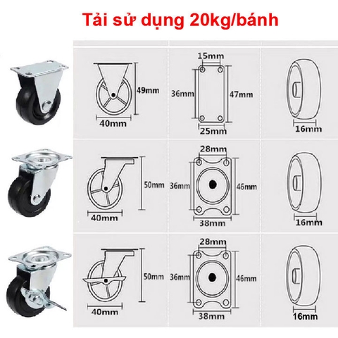 BÁNH XE CAO SU ĐẶC 40, 50, 65, 75mm