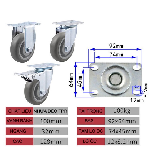 BÁNH XE CAO SU MỀM TPR XÁM 75, 100, 125mm