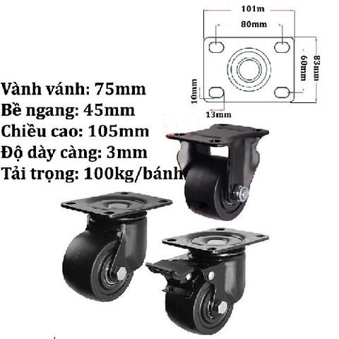BÁNH XE ĐẨY HÀNG SIÊU TẢI 65 ĐẾN 75mm