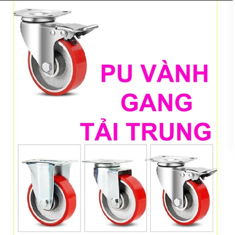 BÁNH XE PU LÕI GANG TẢI TRUNG 75, 100, 125mm