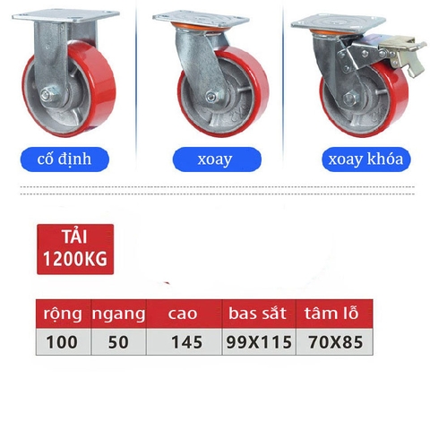 BÁNH XE PU VÀNH GANG SIÊU TẢI 100, 125, 150, 200mm