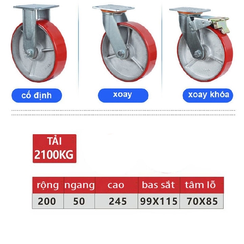 BÁNH XE PU VÀNH GANG SIÊU TẢI 100, 125, 150, 200mm