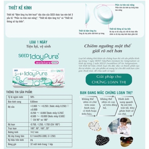 Kính áp tròng SEED cận loạn dùng 1 ngày, SEED 1DayPure For Astigmatism