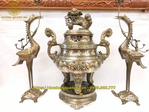 Bộ Tam Sự Đồng Đỏ Khảm Tam Khí Sòi Cao 60cm
