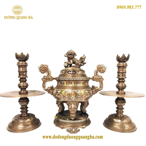 Bộ tam sự đồng đỏ khảm ngũ sắc cao 60cm