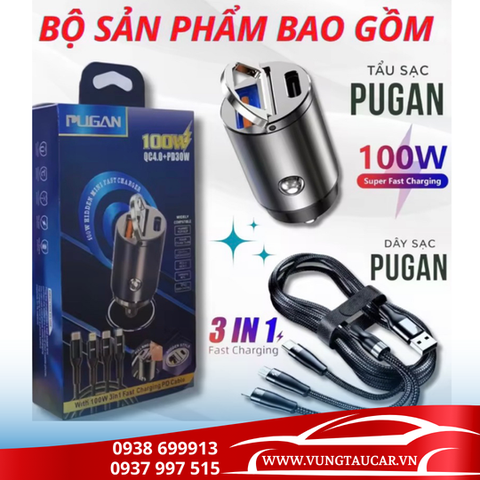 Tẩu sạc ô tô siêu nhanh PUGAN 100w - 2 cổng USB và TYPE C