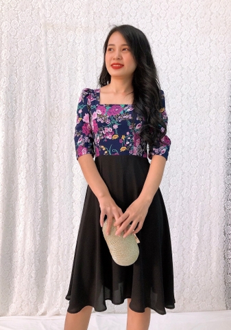 Đầm xòe họa tiết hoa S&M cổ vuông, tay lửng sang trọng, giá rẻ, có bigsize - GR159 - Hình thật shop tự chụp