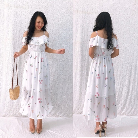 Đầm xòe rớt vai hoa trắng - GR0175