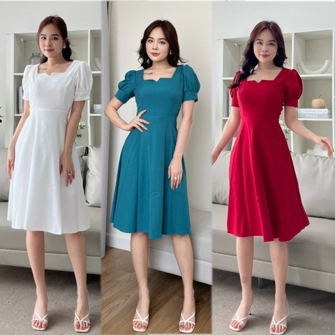 Đầm xòe tay phồng cổ vuông cách điệu - GR0233
