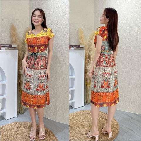 Đầm xuông họa tiết rút eo xẻ tà - GR0236