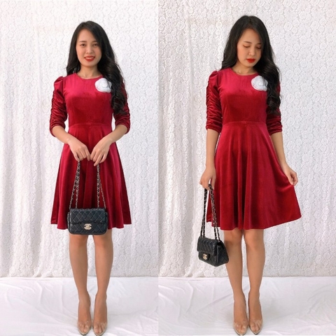 Đầm xòe nhung S&M cổ tròn tay nhún đính hoa hồng - GR153