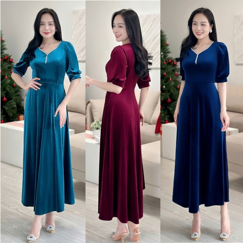 Đầm nhung đính dây đá, form dài, tay phồng - GR0296