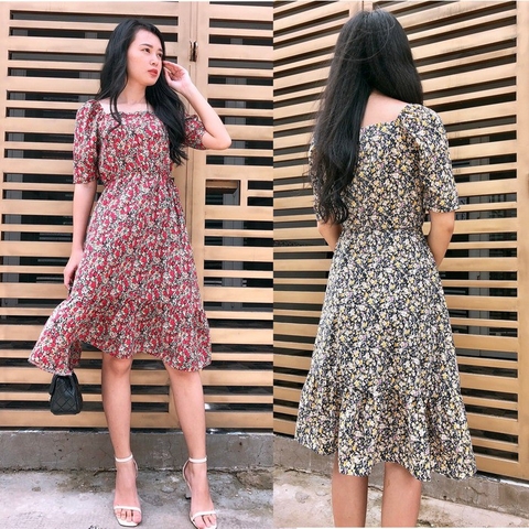 Đầm xòe hoa nhí S&M cổ vuông, rút dây eo - GR0100