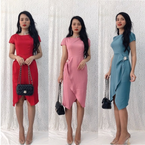Đầm ôm suông dự tiệc S&M tùng đắp chéo cài hoa siêu xinh GR132
