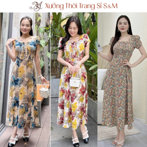 Đầm xòe hoa nhí form dài, cổ vuông xếp ly bèo, tay búp sen - GR0243