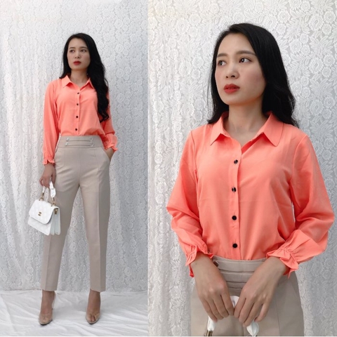 Áo sơ mi hồng cam tay dài phối bèo