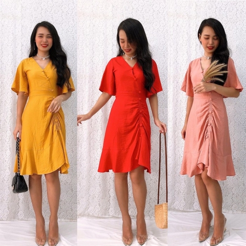 Đầm Xòe S&M Tùng Rút Thun Phối Bèo, Đính Nút Sang Trọng, Giá Rẻ GR0138