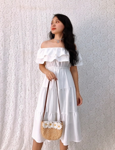 Đầm xòe bẹt vai form dài cổ phối bèo màu trắng, tùng 3 tầng trẻ trung, xinh đẹp, giá rẻ GR189 - Hình thật shop chụp