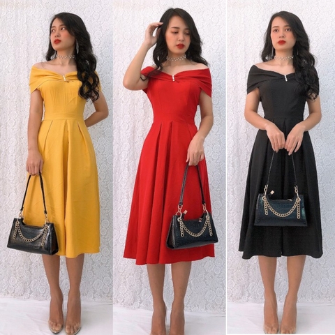 Đầm xòe dự tiêc bet vai S&M sang trọng GR135